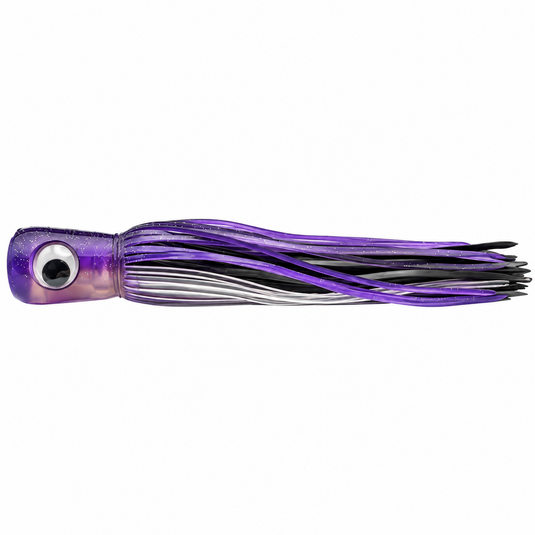 Mold Craft Standard Super Chugger 8¼ inch Purple/Silver trolling lure with purple glitter head, large eye, and purple, black, and silver skirt, side view on white background.