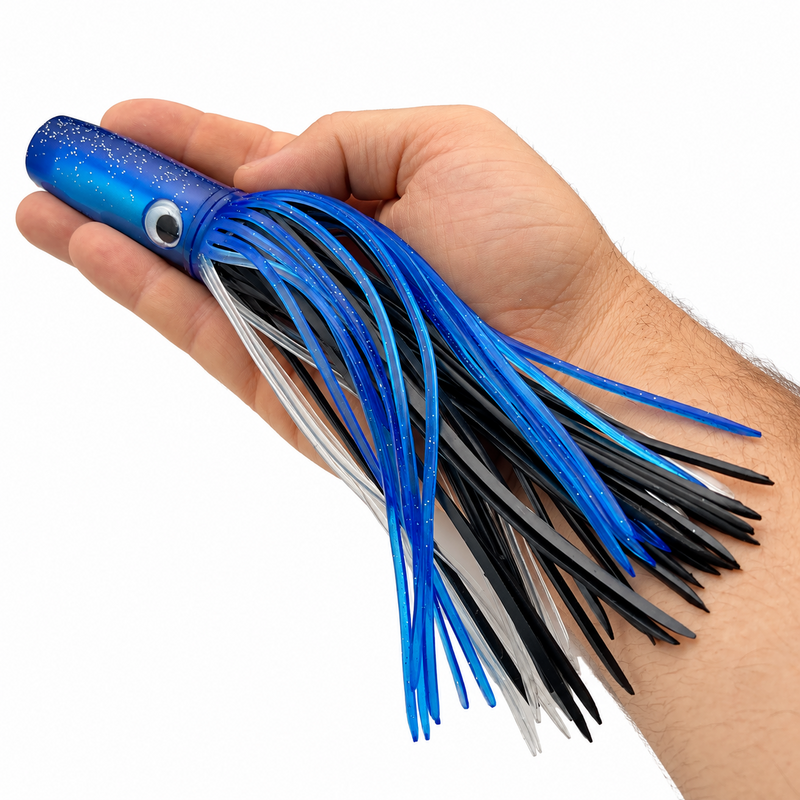 Load image into Gallery viewer, Mold Craft Standard Wide Range 9½-inch Blue Black trolling lure held in hand for size reference, featuring glitter blue head and blue, black and silver skirt on white background.
