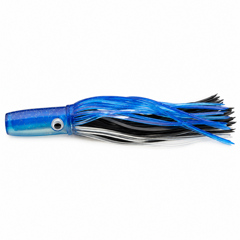 Load image into Gallery viewer, Mold Craft Standard Wide Range 9½-inch Blue Black trolling lure with glitter blue head and blue, black and silver skirt, side view on white background.
