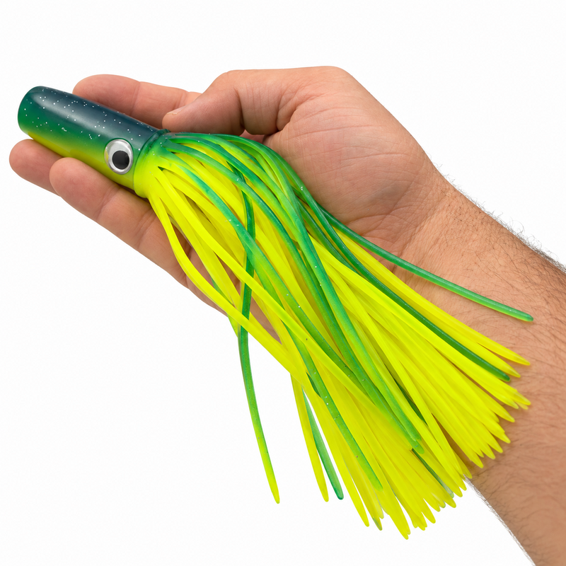 Load image into Gallery viewer, Mold Craft Standard Wide Range 9½-inch Green Yellow trolling lure held in hand for size reference, showing green and yellow head and bright yellow green skirt on white background.
