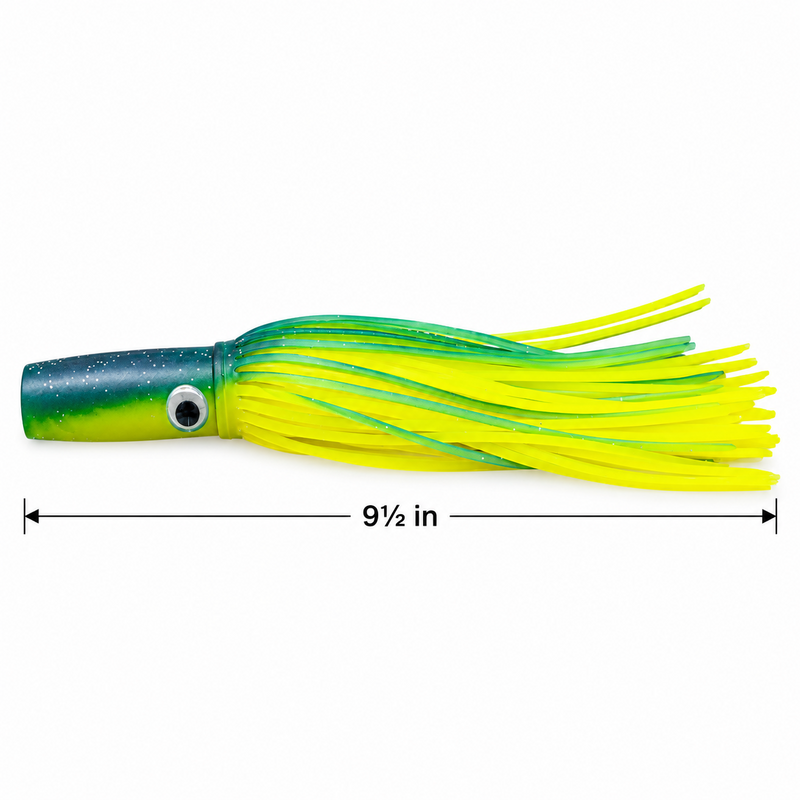 Load image into Gallery viewer, Mold Craft Standard Wide Range 9½-inch trolling lure with green and yellow head, bright yellow and green skirt, and overall length measurement on white background.
