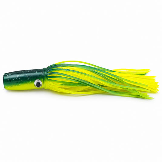 Mold Craft Standard Wide Range 9½-inch trolling lure with green and yellow head and bright yellow green skirt, side view on white background.