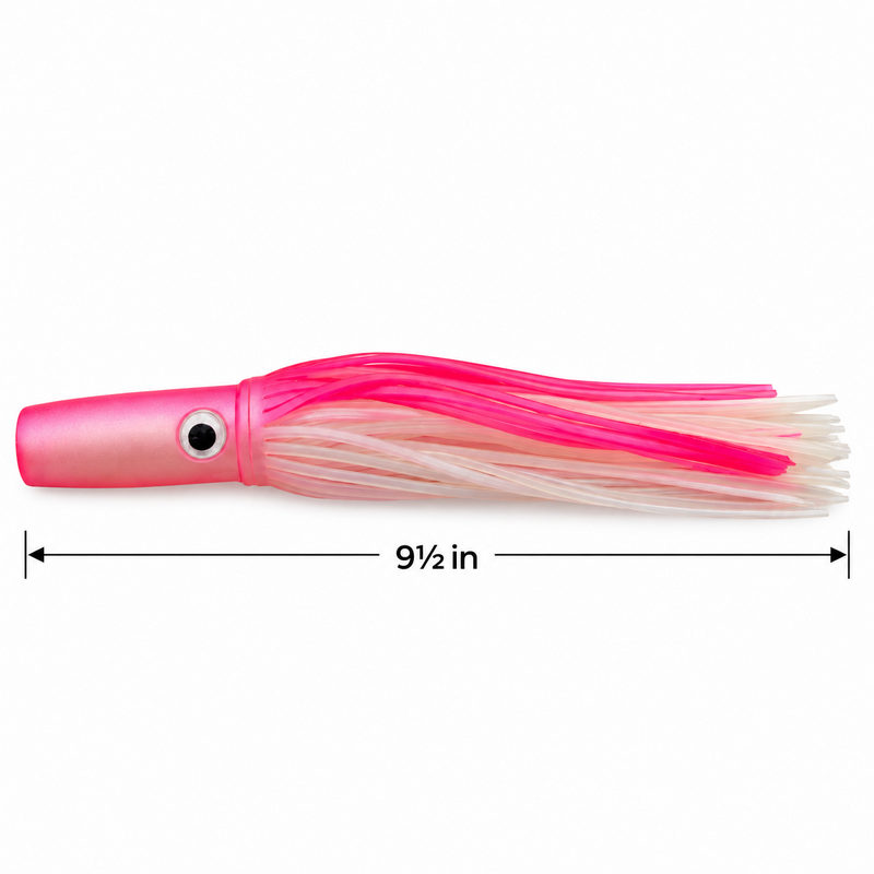 Load image into Gallery viewer, Mold Craft Standard Wide Range 9½-inch Pink White trolling lure featuring a pink head and pink and pearl white skirt, side view with overall length measurement on white background.
