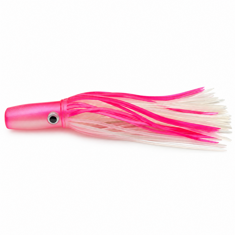 Load image into Gallery viewer, Mold Craft Standard Wide Range 9½-inch Pink White trolling lure with pink head and bright pink and pearl white skirt, side view on white background.
