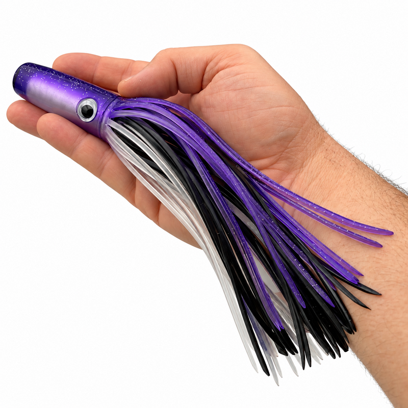 Load image into Gallery viewer, Mold Craft Standard Wide Range 9½-inch Purple Black trolling lure held in hand for size reference, featuring a glitter purple head and purple, black and silver skirt on white background.
