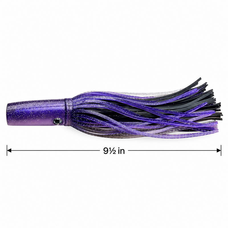 Load image into Gallery viewer, Mold Craft Standard Wide Range 9½-inch Purple Black trolling lure with glitter purple head and purple, black and silver skirt, side view showing overall length measurement on white background.
