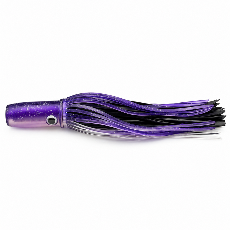 Load image into Gallery viewer, Mold Craft Standard Wide Range 9½-inch Purple Black trolling lure featuring a glitter purple head and purple, black and silver skirt, side view on white background.

