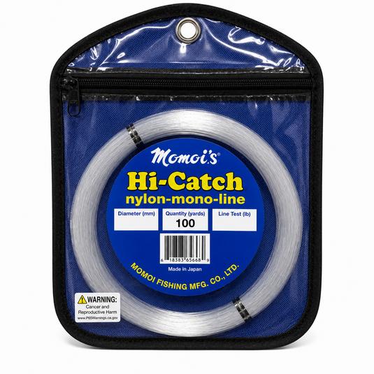 Momoi Hi-Catch clear nylon monofilament leader line in zippered pouch