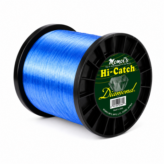 Momoi Hi-Catch Diamond blue monofilament fishing line on black spool
