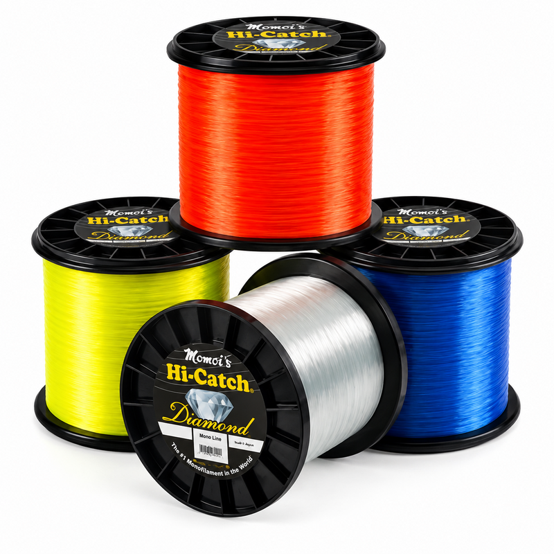 Load image into Gallery viewer, Momoi Hi-Catch Diamond monofilament fishing line spools in orange, yellow, blue and clear
