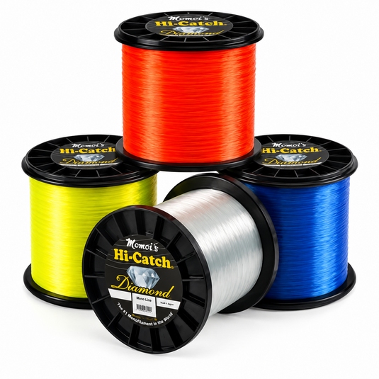 Momoi Hi-Catch Diamond monofilament fishing line spools in orange, yellow, blue and clear