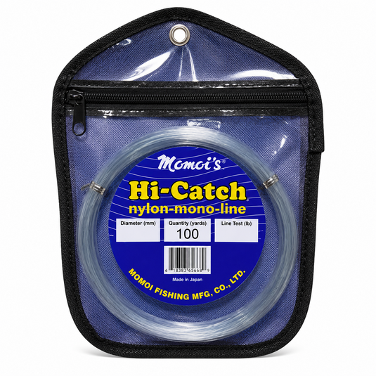 Momoi Hi-Catch Smoke Blue nylon monofilament leader line in 100-yard pouch