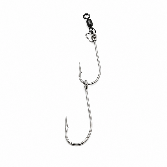 Mustad 3407SSDT double strip hook rigged in-line with 225 lb barrel swivel and monel pin-rig for wahoo fishing