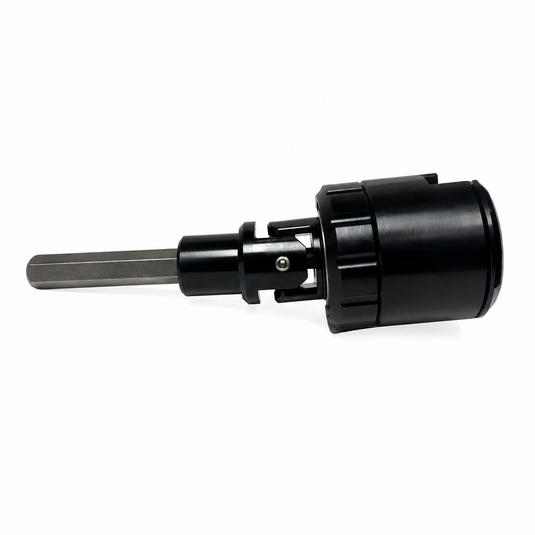 Side view of Reel Crankie drill-powered reel spooler for Shimano Talica reels