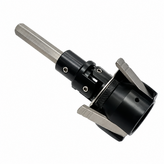 Angled view of Reel Crankie drill-powered reel spooler for Shimano Tiagra 50 and 80 reels