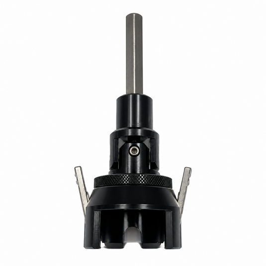 Front view of Reel Crankie drill-powered reel spooler for Shimano Tiagra 50 and 80 reels