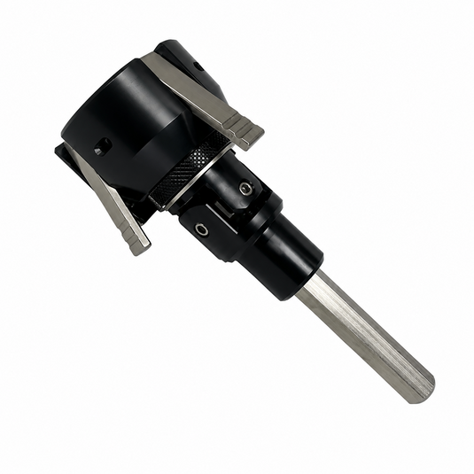 Side view of Reel Crankie drill-powered reel spooler for Shimano Tiagra 50 and 80 reels