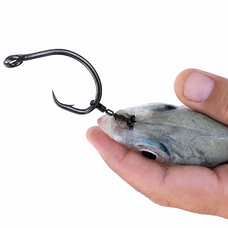Load image into Gallery viewer, Ringer Swivel rigged with a circle hook on live bait for offshore fishing
