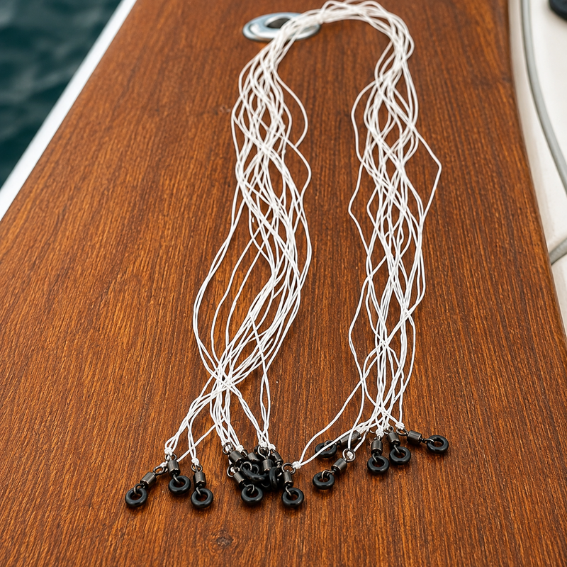 Load image into Gallery viewer, Ringer Swivels attached to pre-rigged fishing leaders for offshore bait rigging

