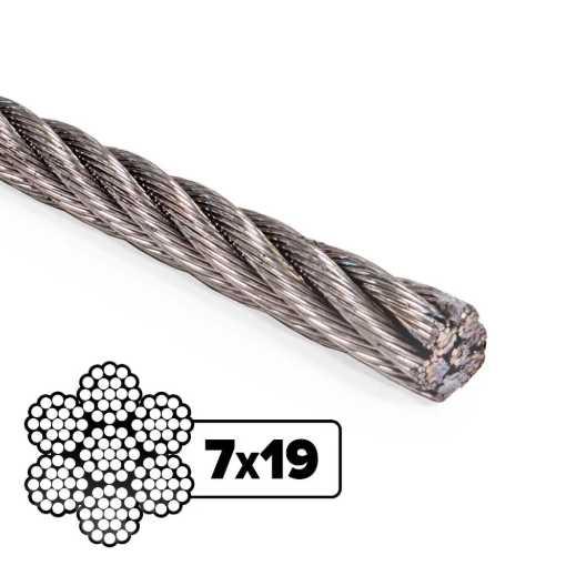 A close-up of a twisted steel cable with a cross-section showing 7x19 strands, displayed on a white background with a graphic indicating the strand count.