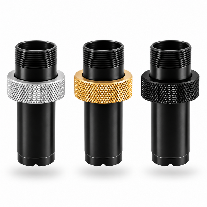 Load image into Gallery viewer, Stuart Z-Butt Adapters in black with silver, gold, and black collet nuts for offshore fishing rods
