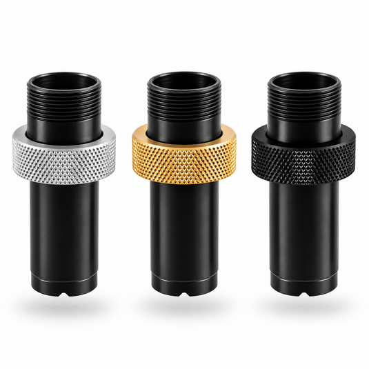 Stuart Z-Butt Adapters in black with silver, gold, and black collet nuts for offshore fishing rods