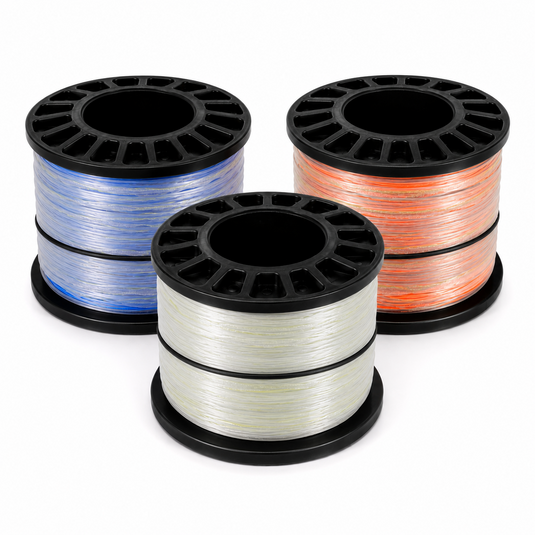 Swordfish LP tip spools with 3000 yards of braid and wind-on leaders in blue, white and orange