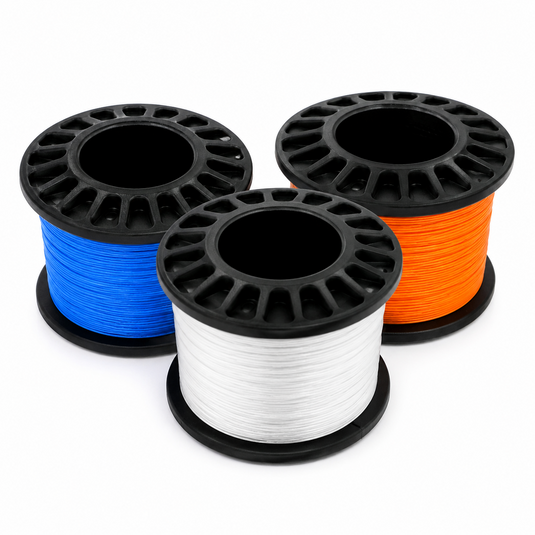 Swordfish LP tip spools filled with 3000 yards of braid in blue, orange and white