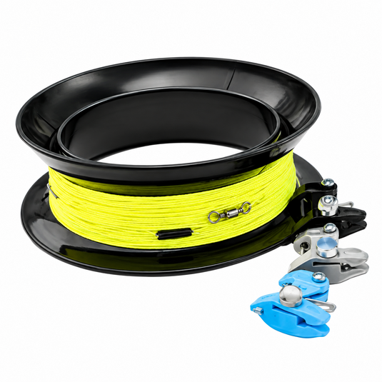 Three clip kite fishing setup with high visibility yellow line and release clips