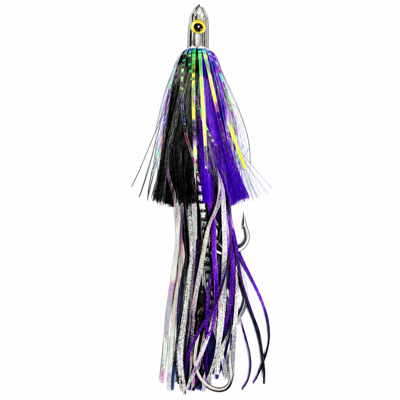 Load image into Gallery viewer, Black and purple wahoo lure rigged with stainless steel double hookset
