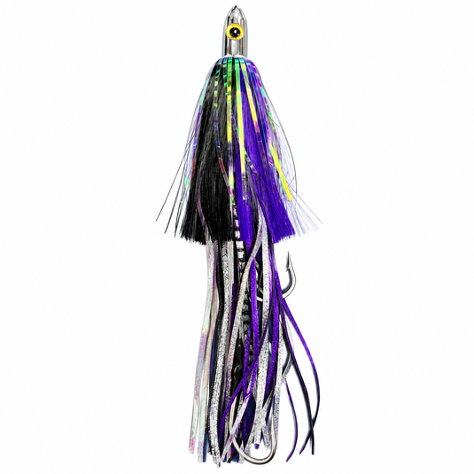 Black and purple wahoo lure rigged with stainless steel double hookset