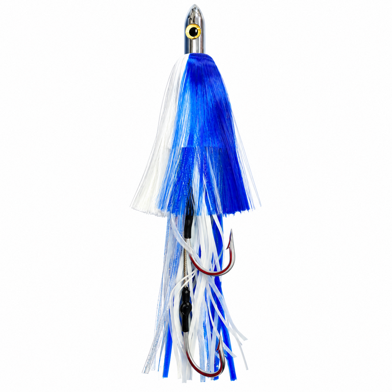 Load image into Gallery viewer, Blue and white wahoo lure rigged with stainless steel double hookset
