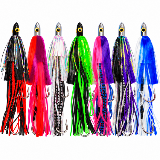 Wahoo lures rigged with stainless steel double hooksets in seven color options