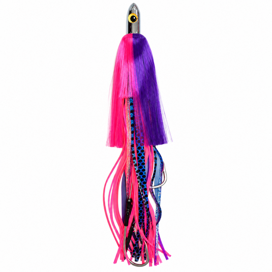Pink and purple wahoo lure rigged with stainless steel double hookset